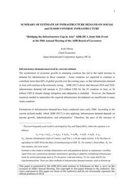 SUMMARY of ESTIMATE of INFRASTRUCTURE DEMAND on SOCIAL and FLOOD CONTROL INFRASTRUCTURE “Bridging the Infrastructure Gap in As