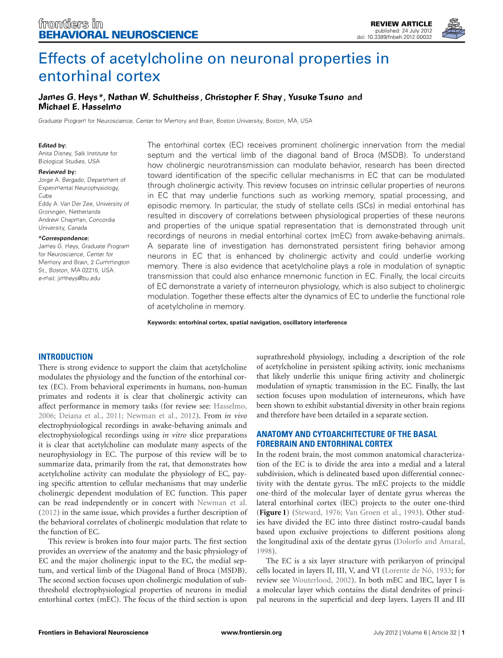 Effects of Acetylcholine on Neuronal Properties in Entorhinal Cortex