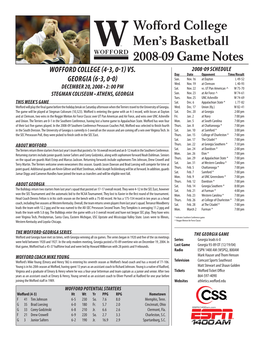 Wofford College Men's Basketball 2008-09 Game Notes