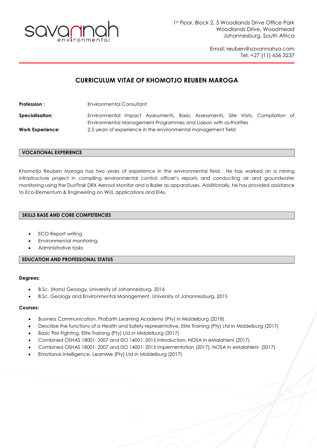 Curriculum Vitae of Khomotjo Reuben Maroga