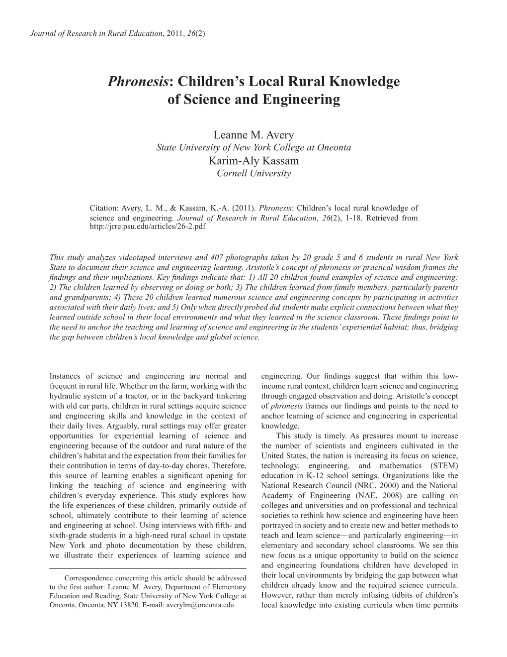 Phronesis: Children’S Local Rural Knowledge of Science and Engineering