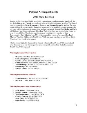 Political Accomplishments 2010 State Election
