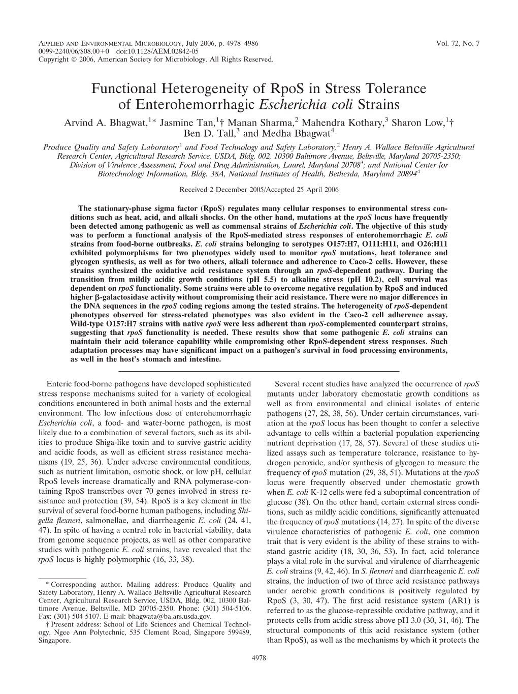Functional Heterogeneity of Rpos in Stress Tolerance of Enterohemorrhagic Escherichia Coli Strains Arvind A