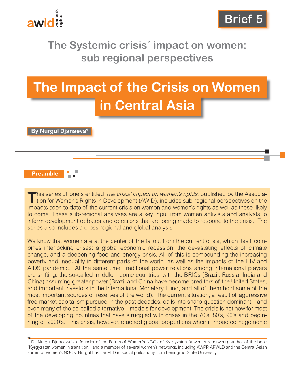 In Central Asia the Impact of the Crisis on Women