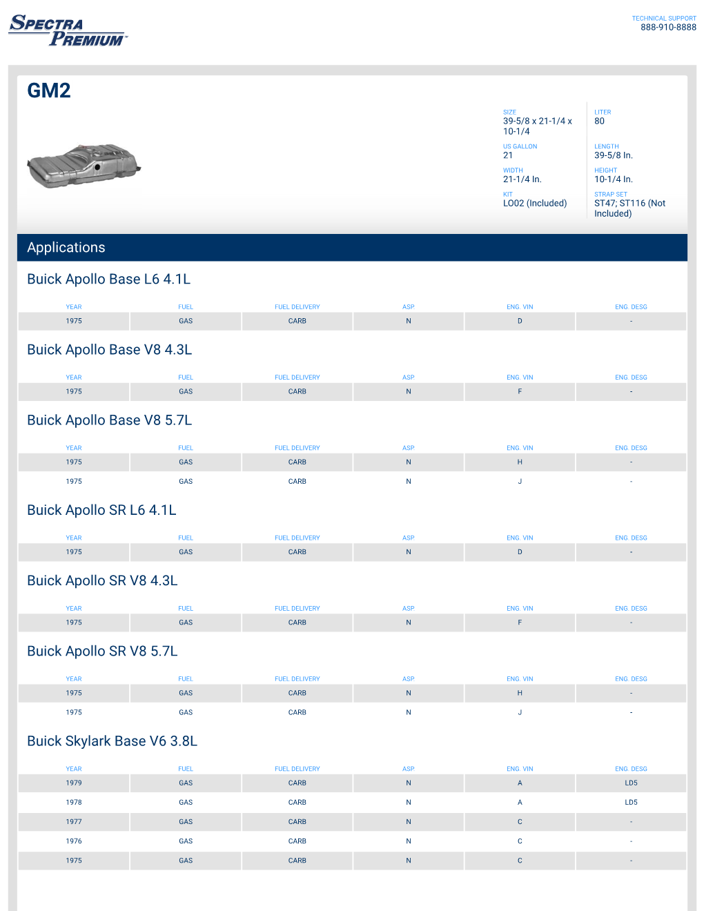 Applications Buick Apollo Base L6 4.1L Buick