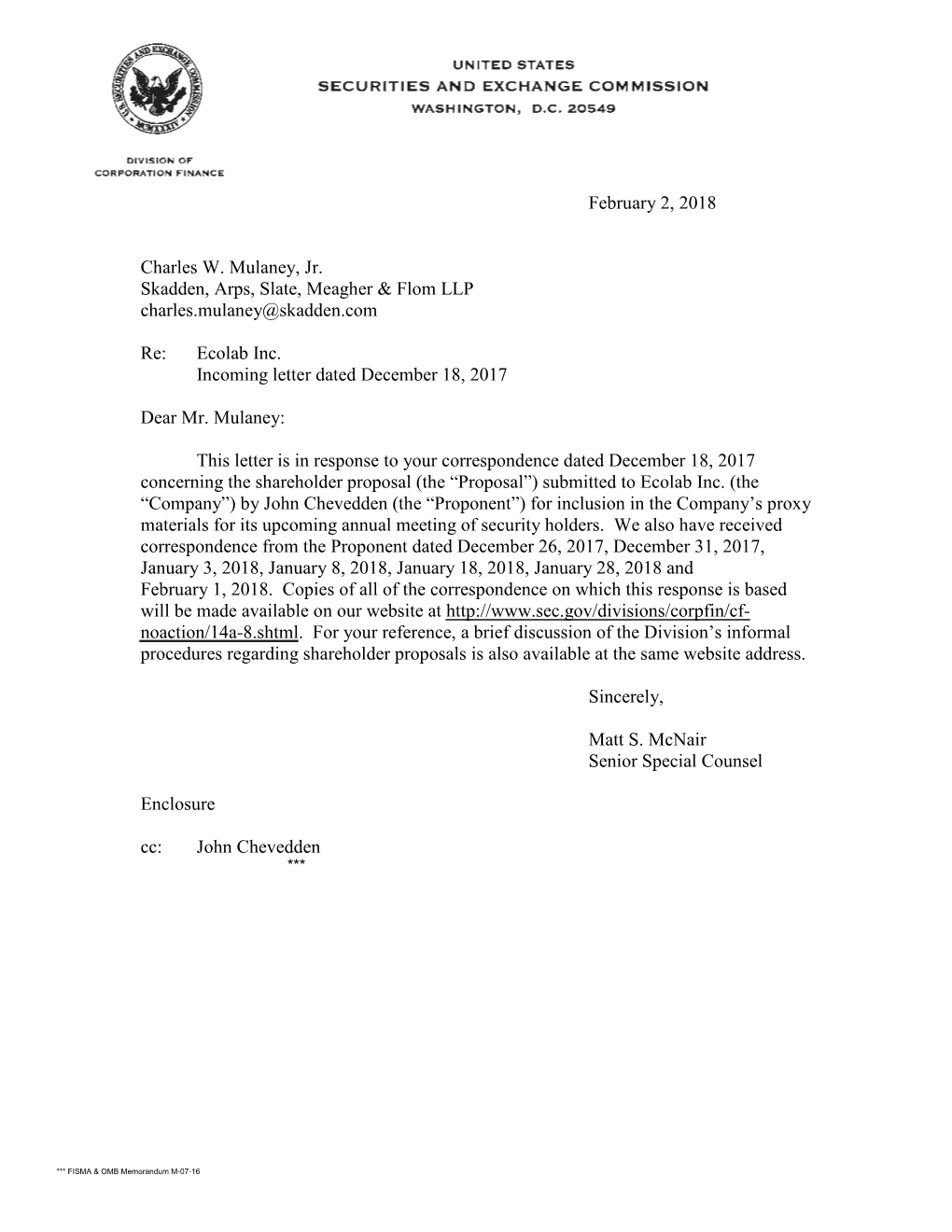 Ecolab Inc.; Rule 14A-8 No-Action Letter