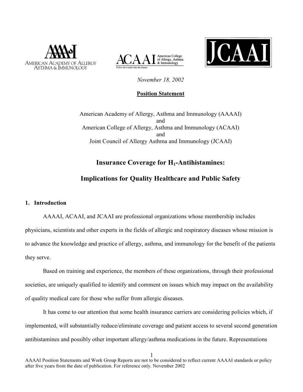 Joint Antihistamine Statement 2002