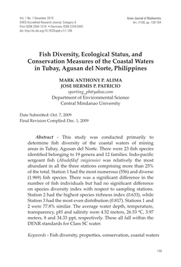 Fish Diversity, Ecological Status, and Conservation Measures of the Coastal Waters in Tubay, Agusan Del Norte, Philippines