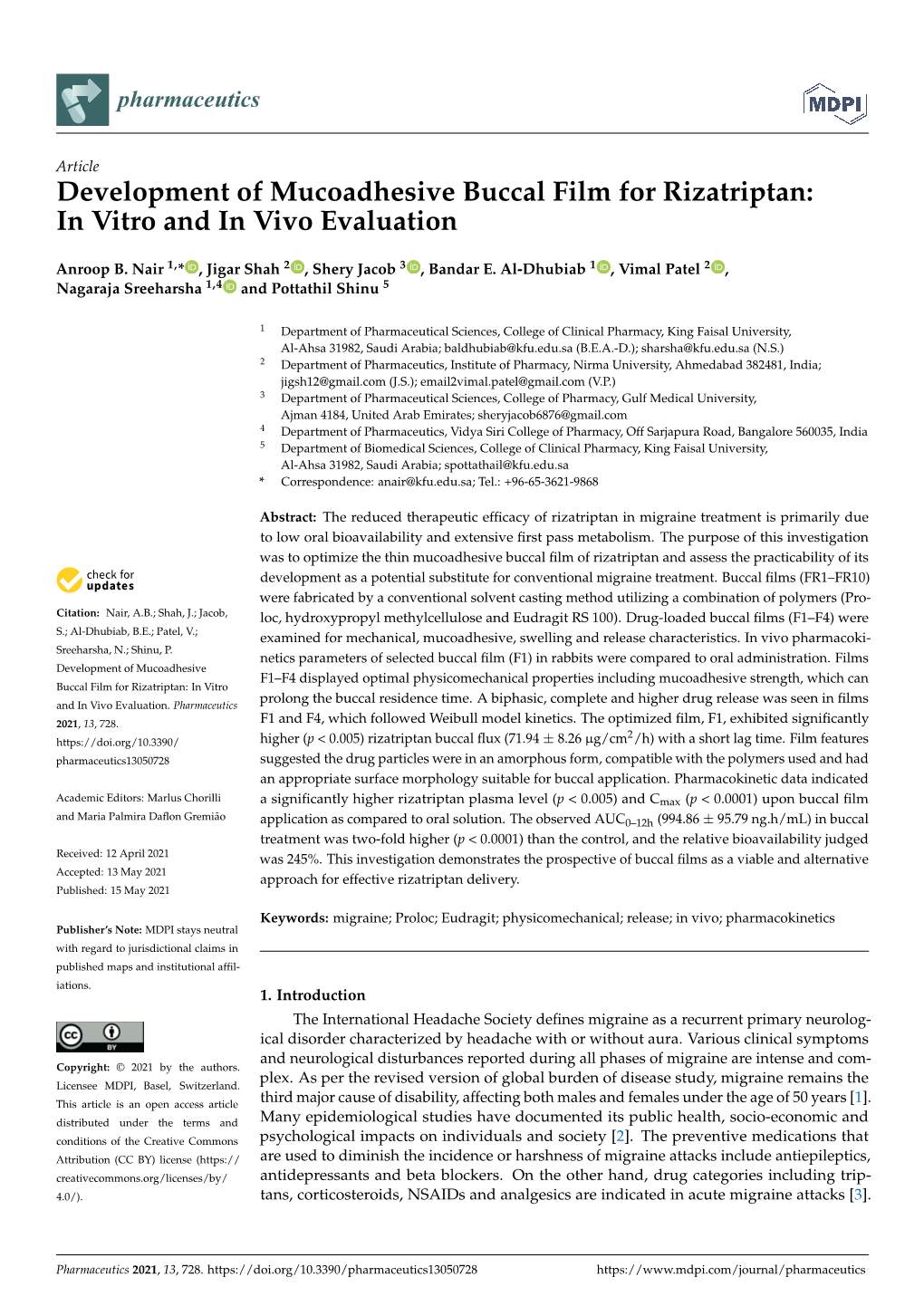 Development of Mucoadhesive Buccal Film for Rizatriptan: in Vitro and in Vivo Evaluation