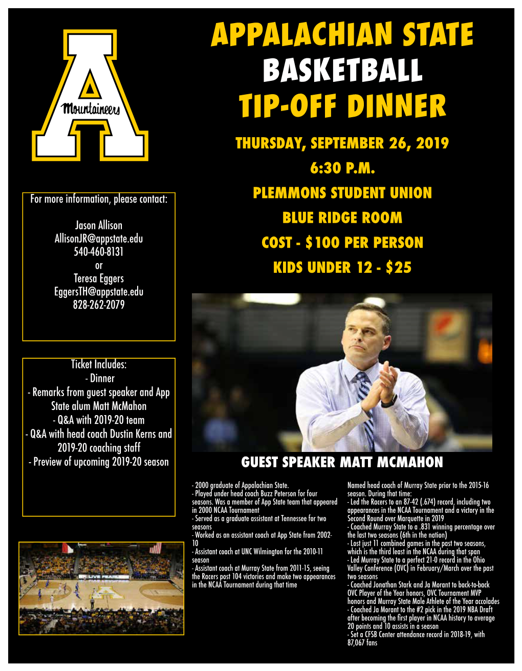 Appalachian State Basketball Tip-Off Dinner Thursday, September 26, 2019 6:30 P.M