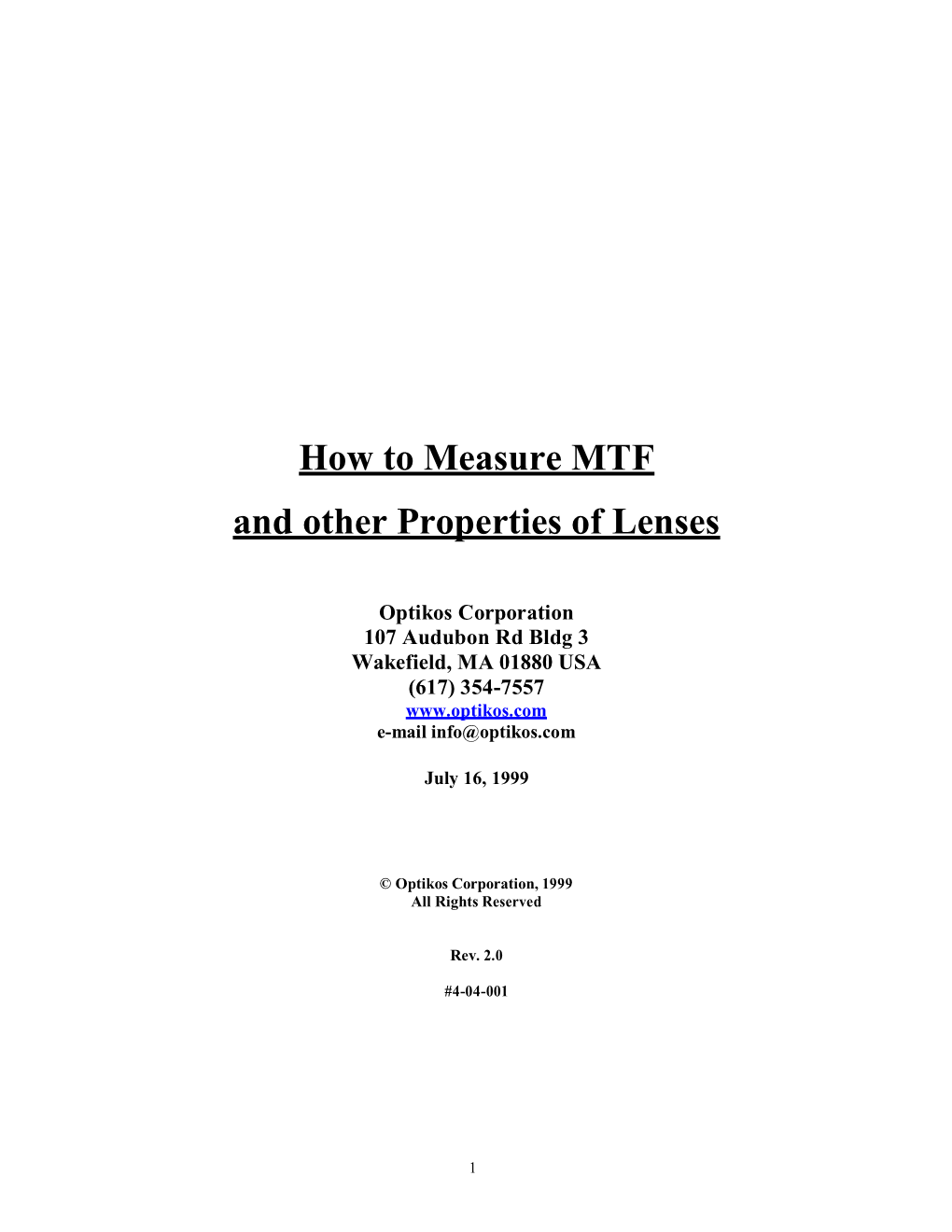 How to Measure MTF and Other Properties of Lenses