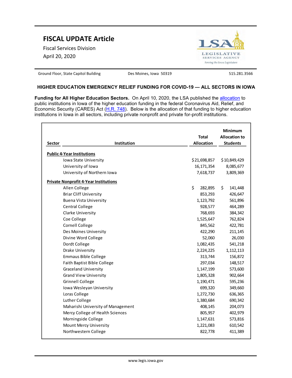 Higher Education Emergency Relief Funding for Covid-19 — All Sectors in Iowa