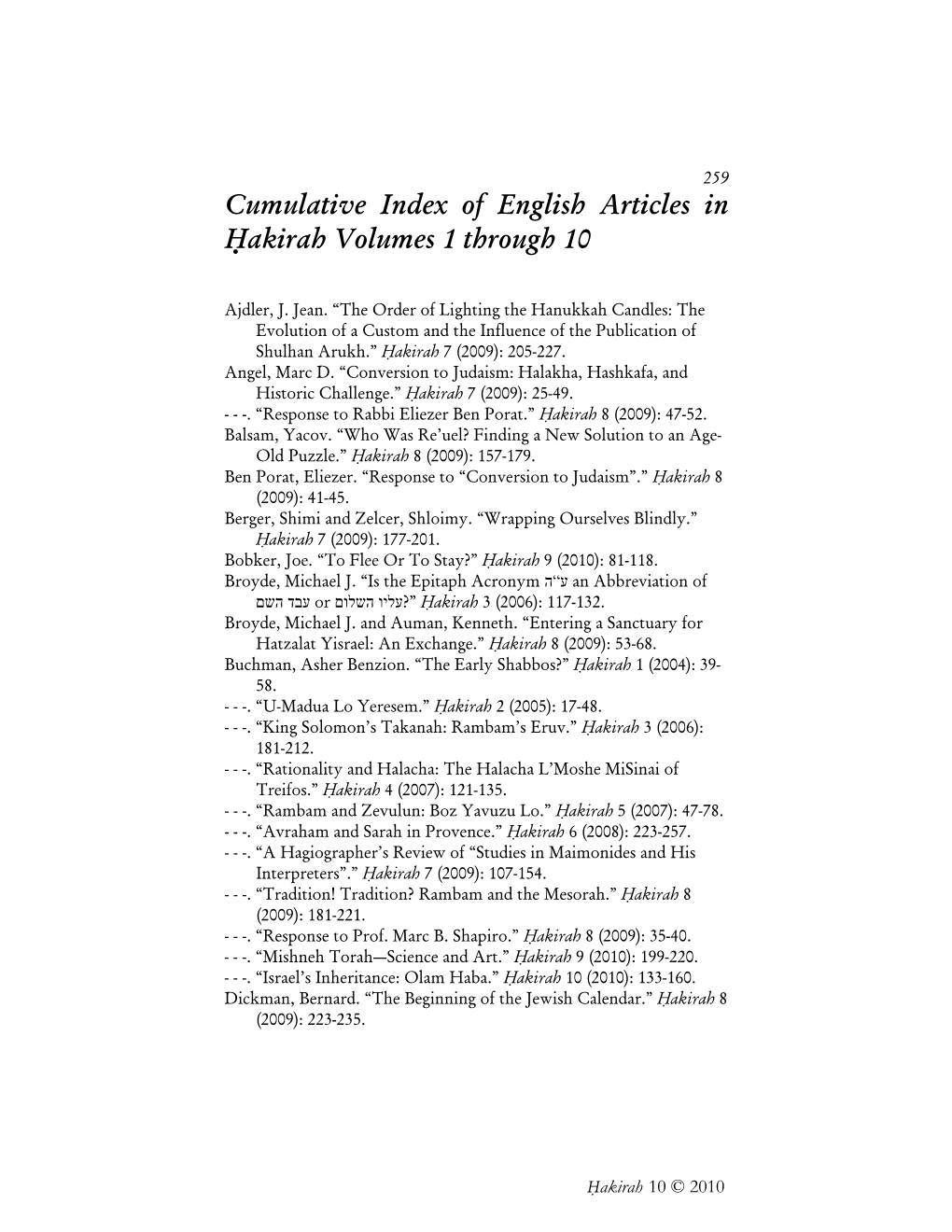 Cumulative Index of English Articles in Hakirah Volumes 1 Through 10