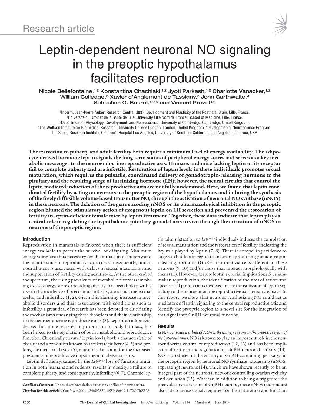 Leptin-Dependent Neuronal NO Signaling in the Preoptic