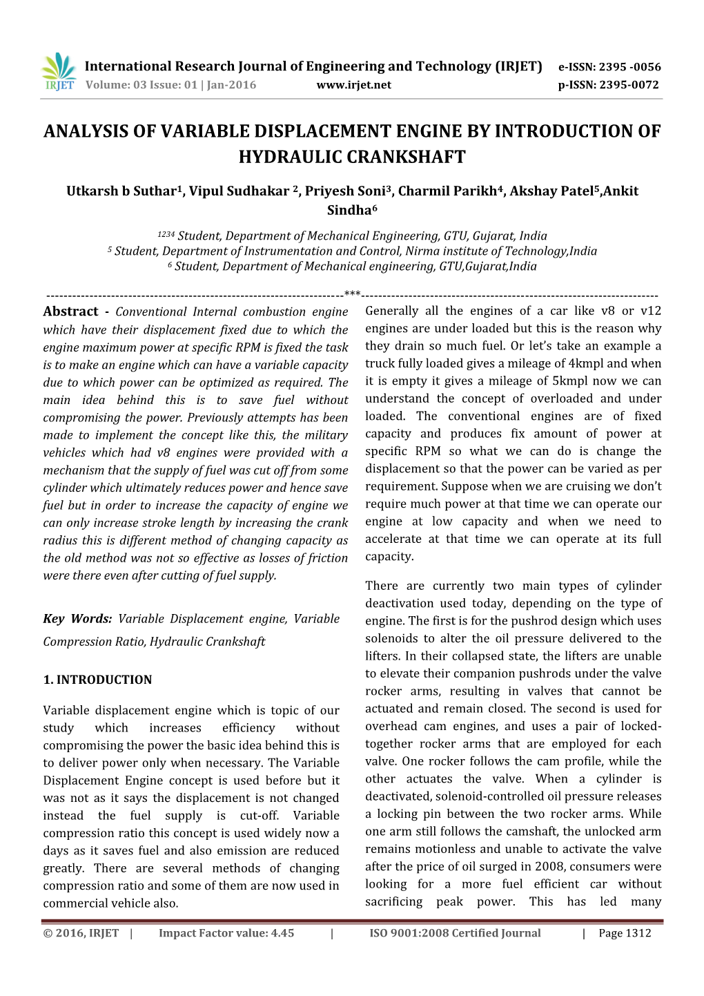 Analysis of Variable Displacement Engine by Introduction of Hydraulic Crankshaft