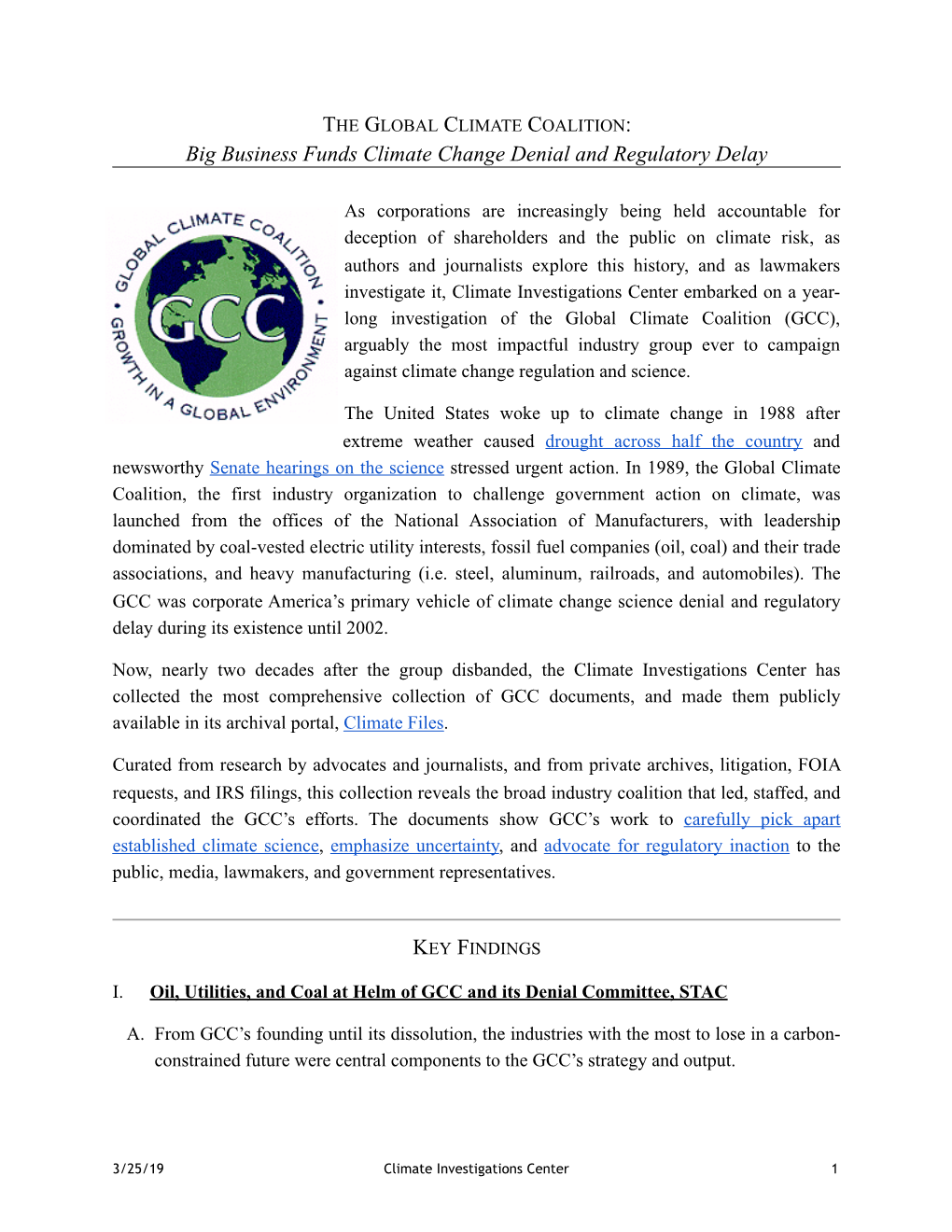 GLOBAL CLIMATE COALITION: Big Business Funds Climate Change Denial and Regulatory Delay