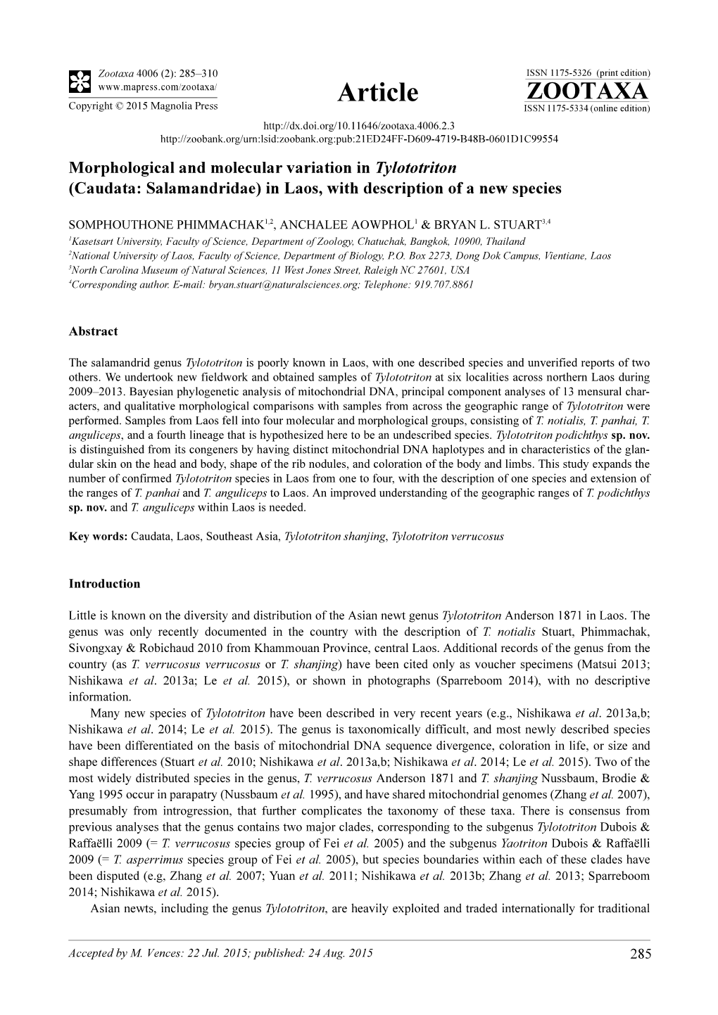 Morphological and Molecular Variation in Tylototriton (Caudata: Salamandridae) in Laos, with Description of a New Species