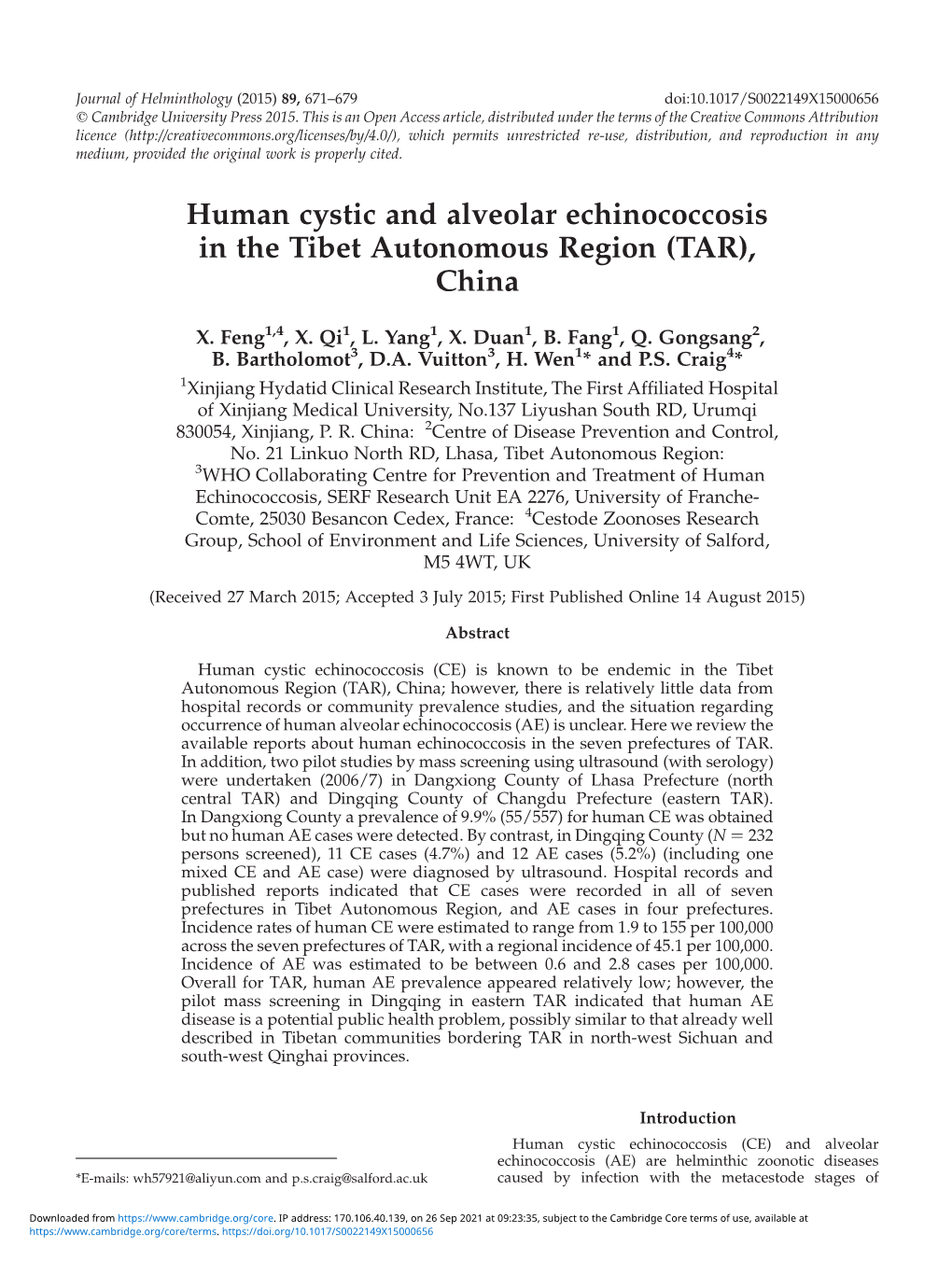 Human Cystic and Alveolar Echinococcosis in the Tibet Autonomous Region (TAR), China