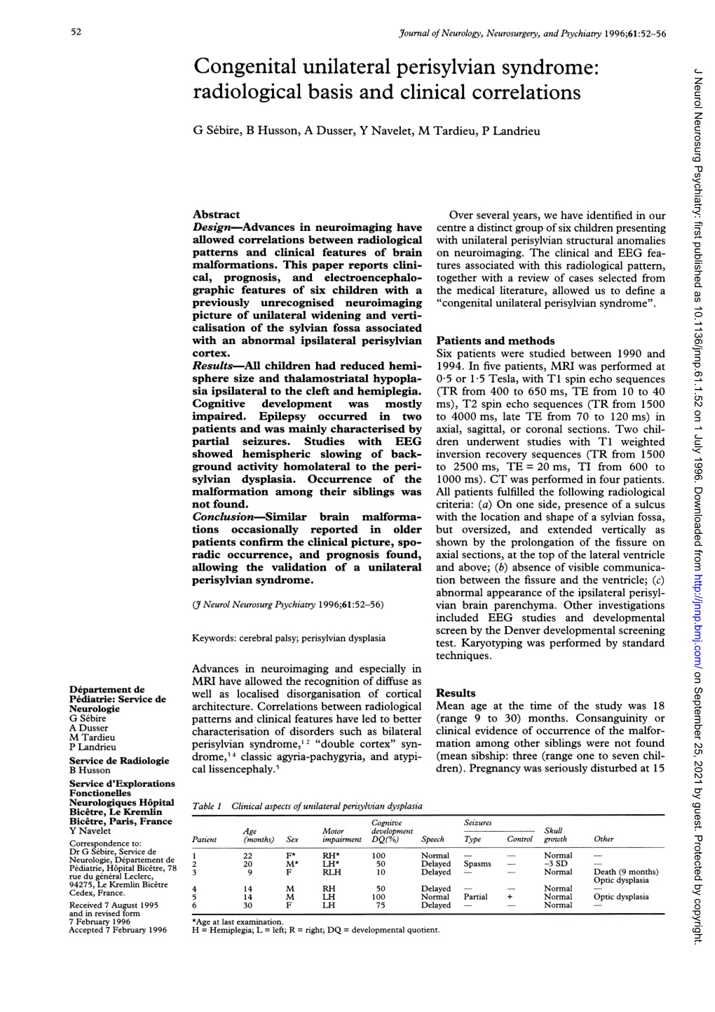 Congenital Unilateral Perisylvian Syndrome: J Neurol Neurosurg Psychiatry: First Published As 10.1136/Jnnp.61.1.52 on 1 July 1996
