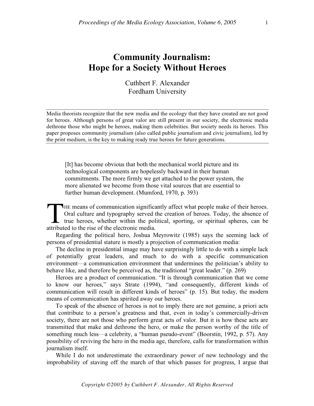 Cuthbert F. Alexander, “Community Journalism: Hope for a Society
