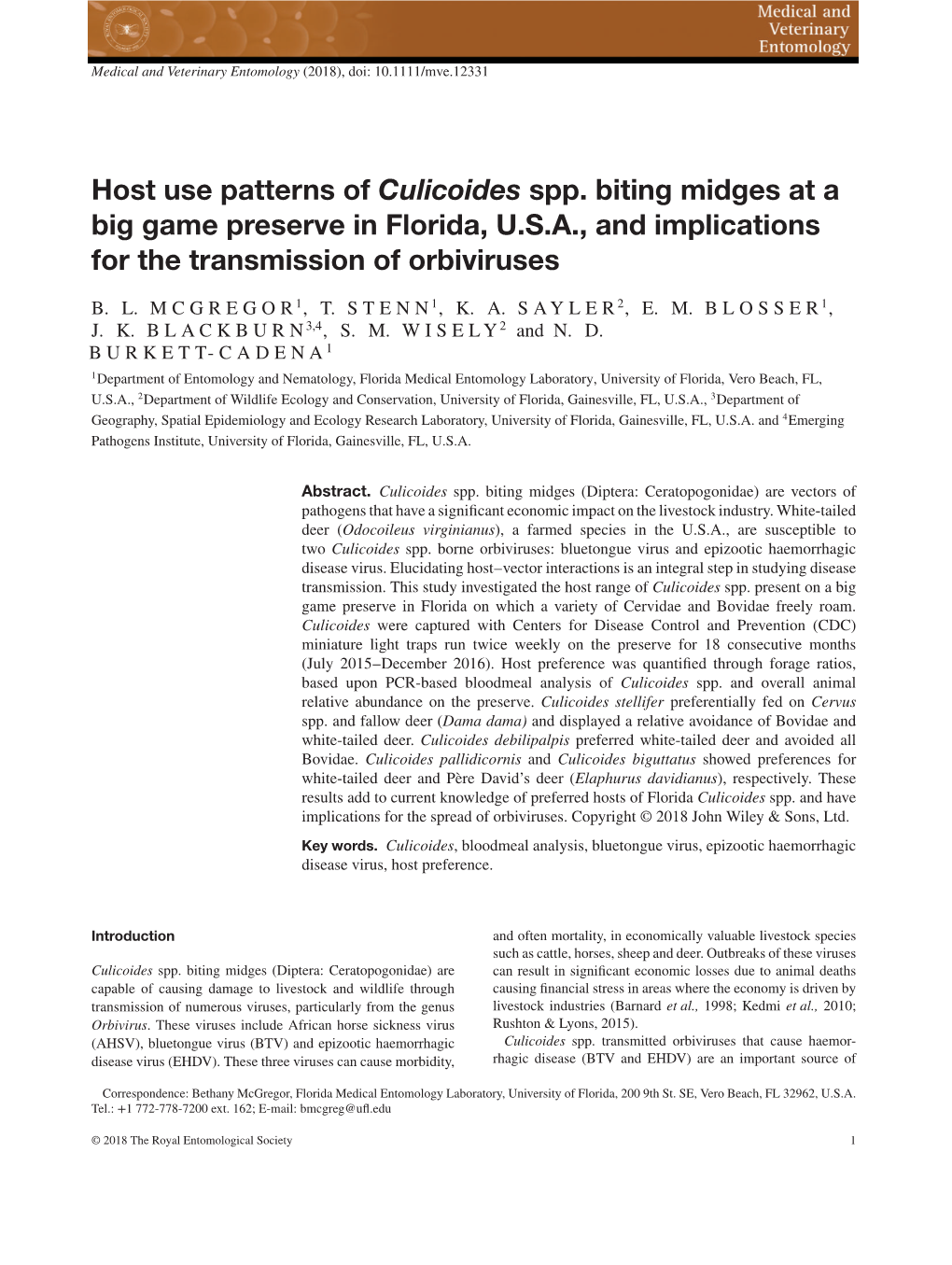 Host Use Patterns of Culicoides Spp. Biting Midges at a Big Game Preserve in Florida, U.S.A., and Implications for the Transmission of Orbiviruses