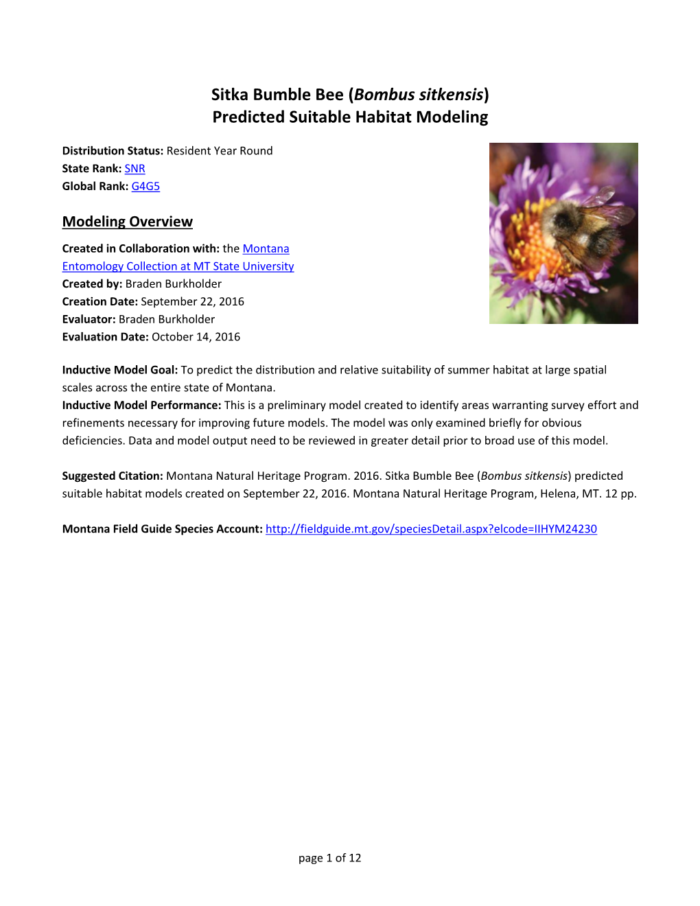 Sitka Bumble Bee (Bombus Sitkensis) Predicted Suitable Habitat Modeling