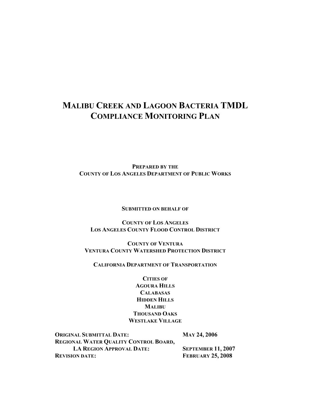 Malibu Creek and Lagoon Bacteria Tmdl Compliance Monitoring Plan