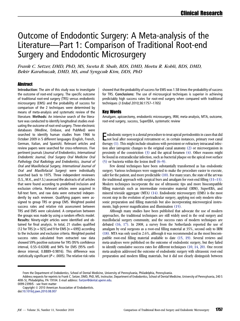 Outcome of Endodontic Surgery: a Meta-Analysis of the Literature-Part 1