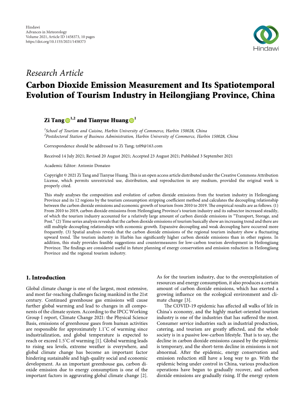 Research Article Carbon Dioxide Emission Measurement and Its Spatiotemporal Evolution of Tourism Industry in Heilongjiang Province, China