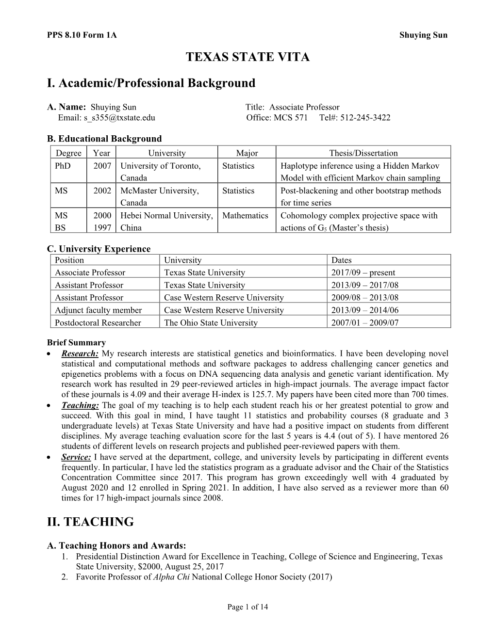 TEXAS STATE VITA I. Academic/Professional Background