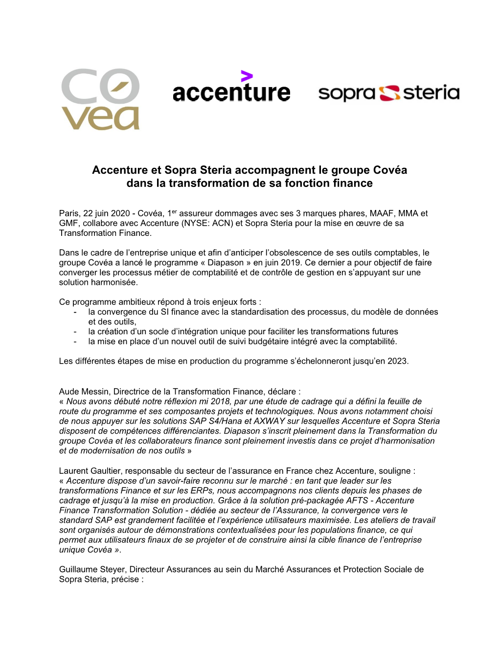 Accenture Et Sopra Steria Accompagnent Le Groupe Covéa Dans La Transformation De Sa Fonction Finance