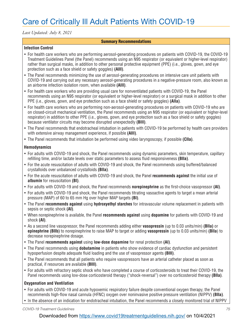 Care of Critically Ill Adult Patients with COVID-19