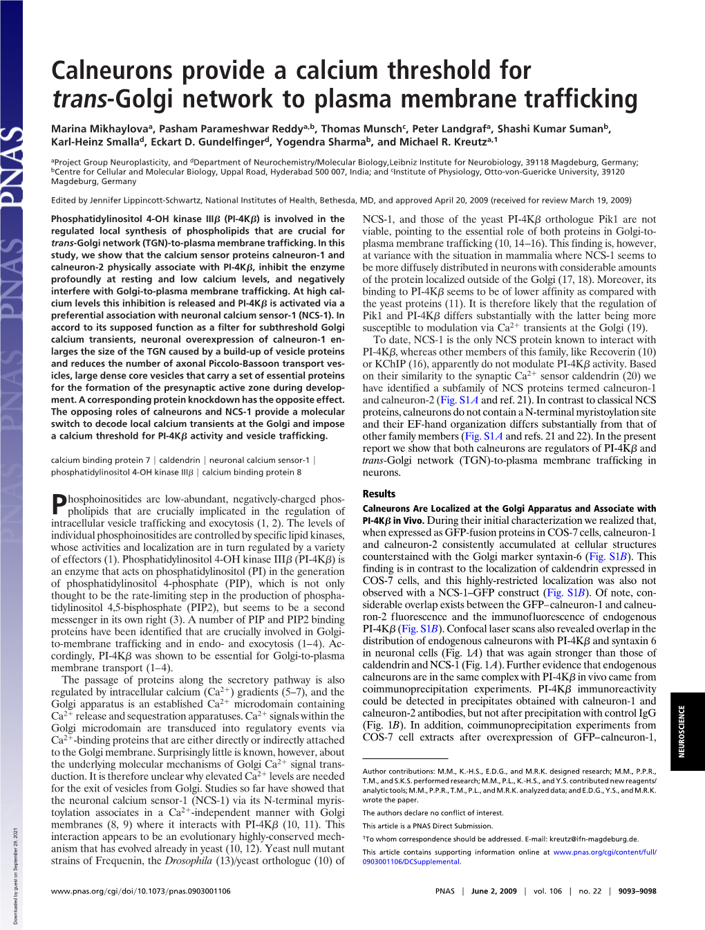 Calneurons Provide a Calcium Threshold for Trans-Golgi Network to Plasma Membrane Trafficking