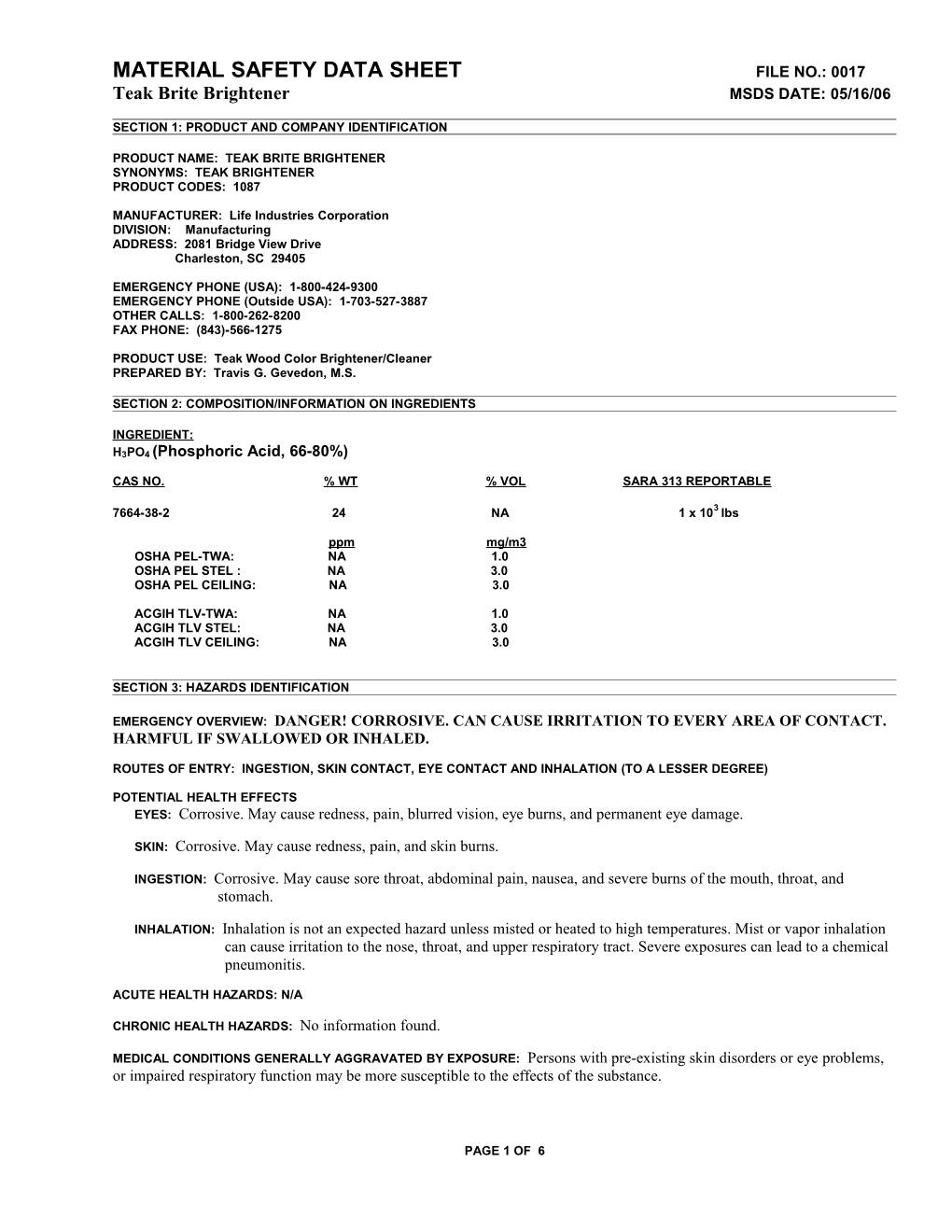 Material Safety Data Sheet Page 1 of X s6