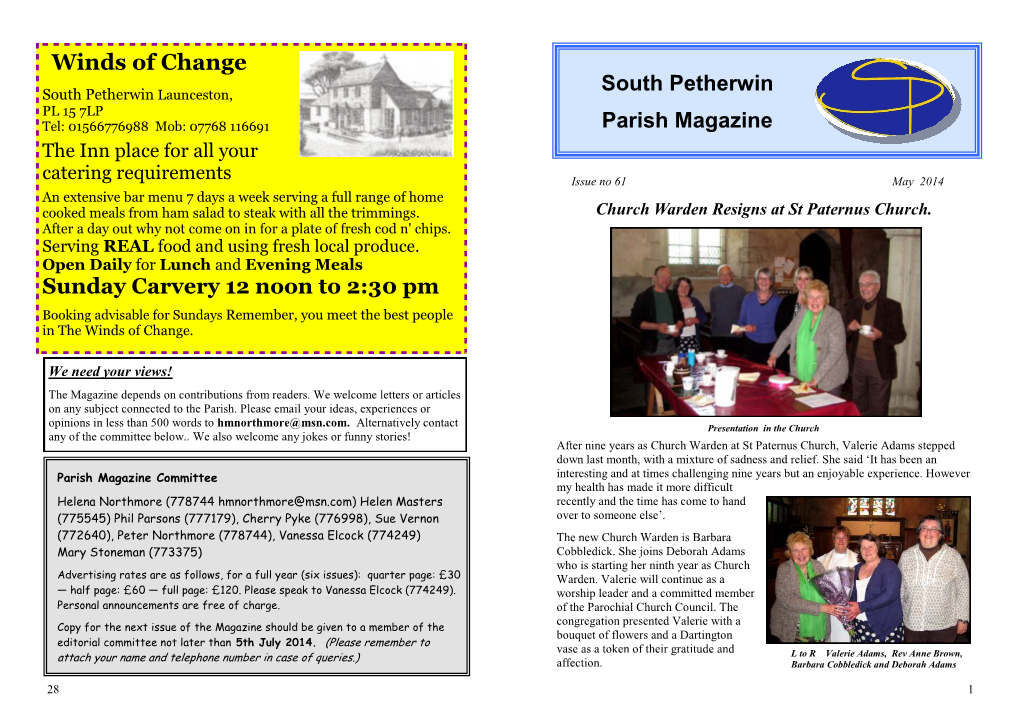 Winds of Change Sunday Carvery 12 Noon to 2:30 Pm South Petherwin