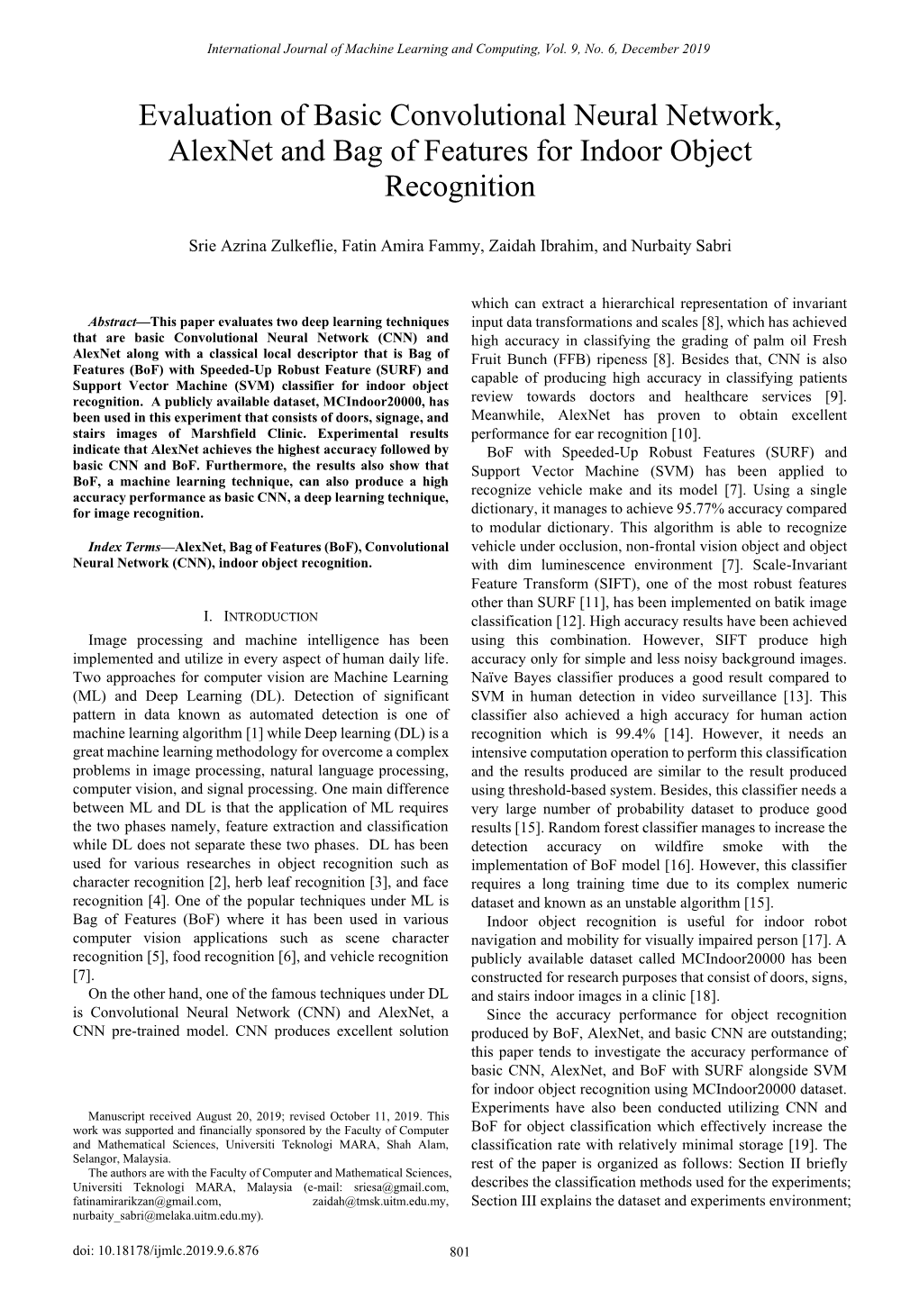 Evaluation of Basic Convolutional Neural Network, Alexnet and Bag of Features for Indoor Object Recognition