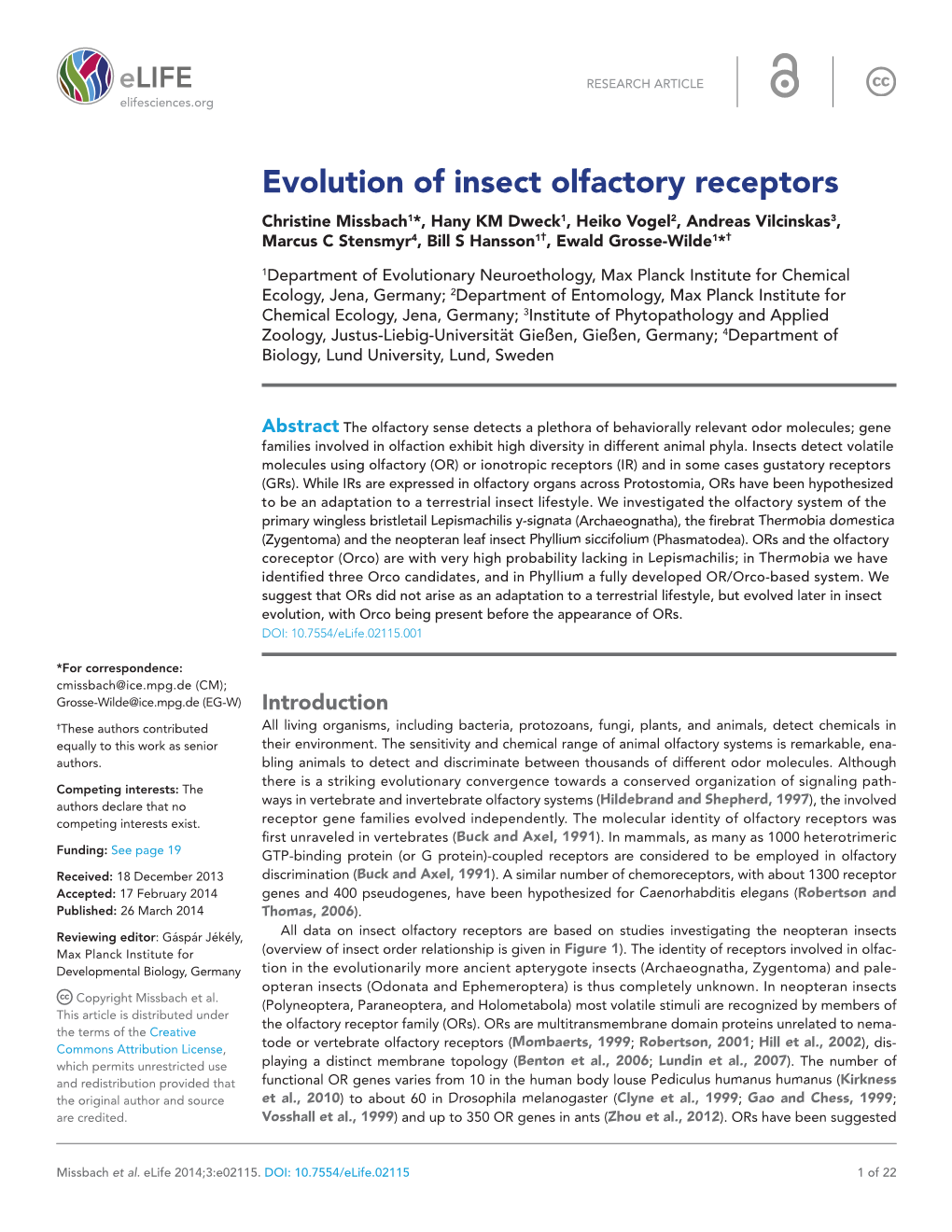 Evolution of Insect Olfactory Receptors