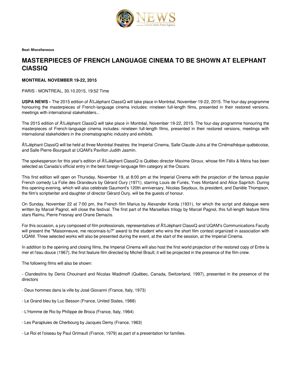 MASTERPIECES of FRENCH LANGUAGE CINEMA to BE SHOWN at ELEPHANT Classiq