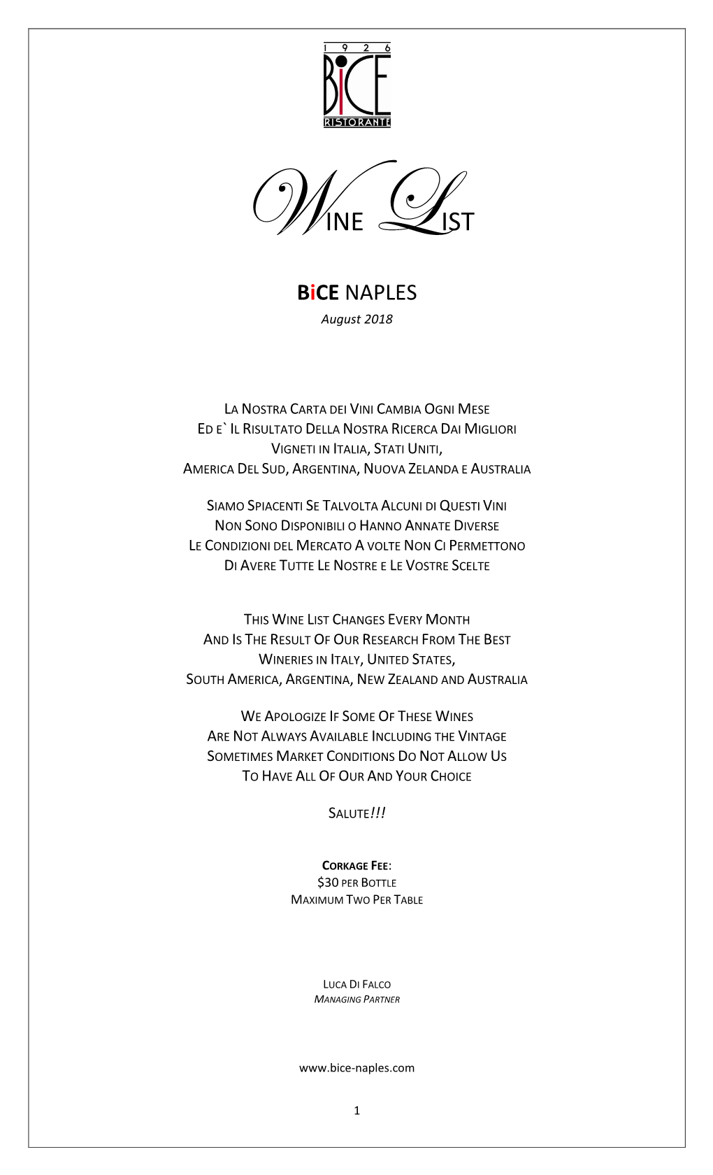 WINE LIST Bice NAPLES August 2018