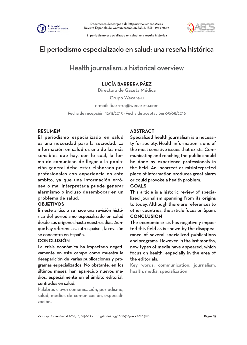 El Periodismo Especializado En Salud: Una Reseña Histórica