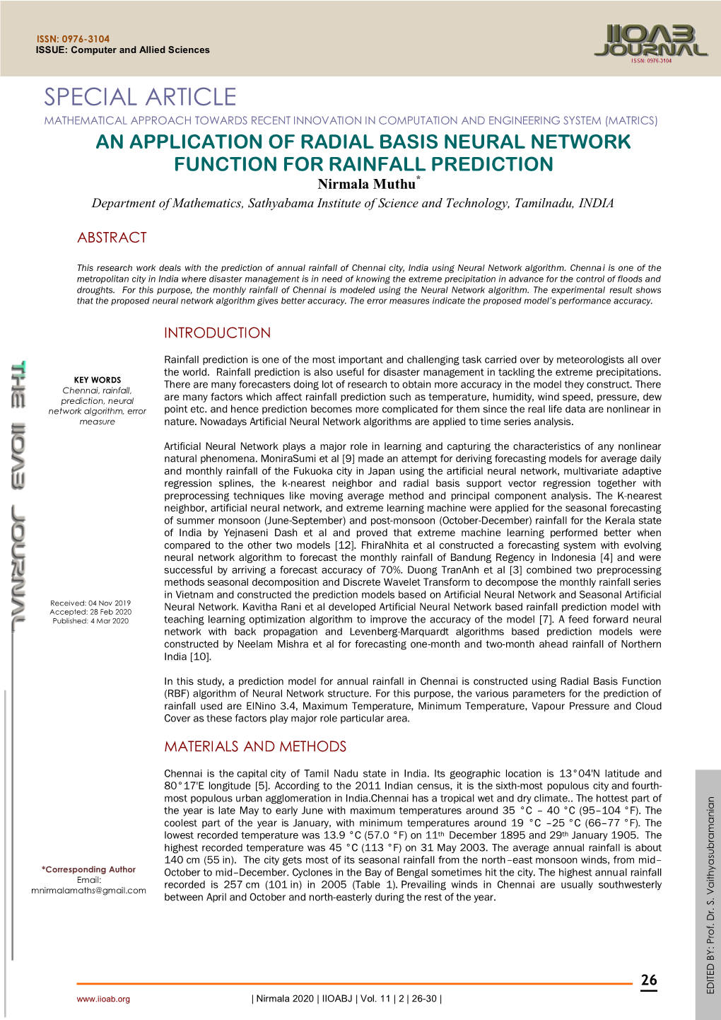 An Application of Radial Basis Neural Network Function for Rainfall Prediction