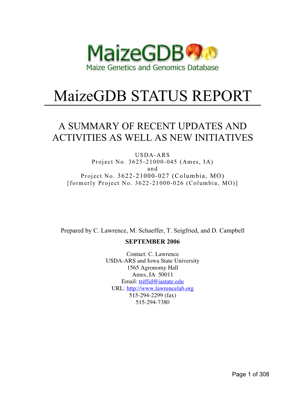 Maizegdb STATUS REPORT