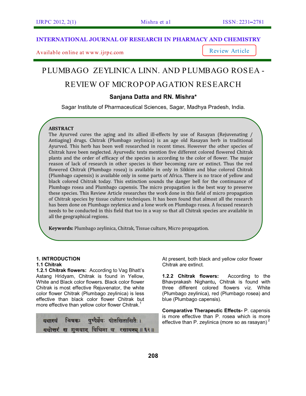 PLUMBAGO ZEYLINICA LINN. and PLUMBAGO ROSEA - REVIEW of MICROPOPAGATION RESEARCH Sanjana Datta and RN