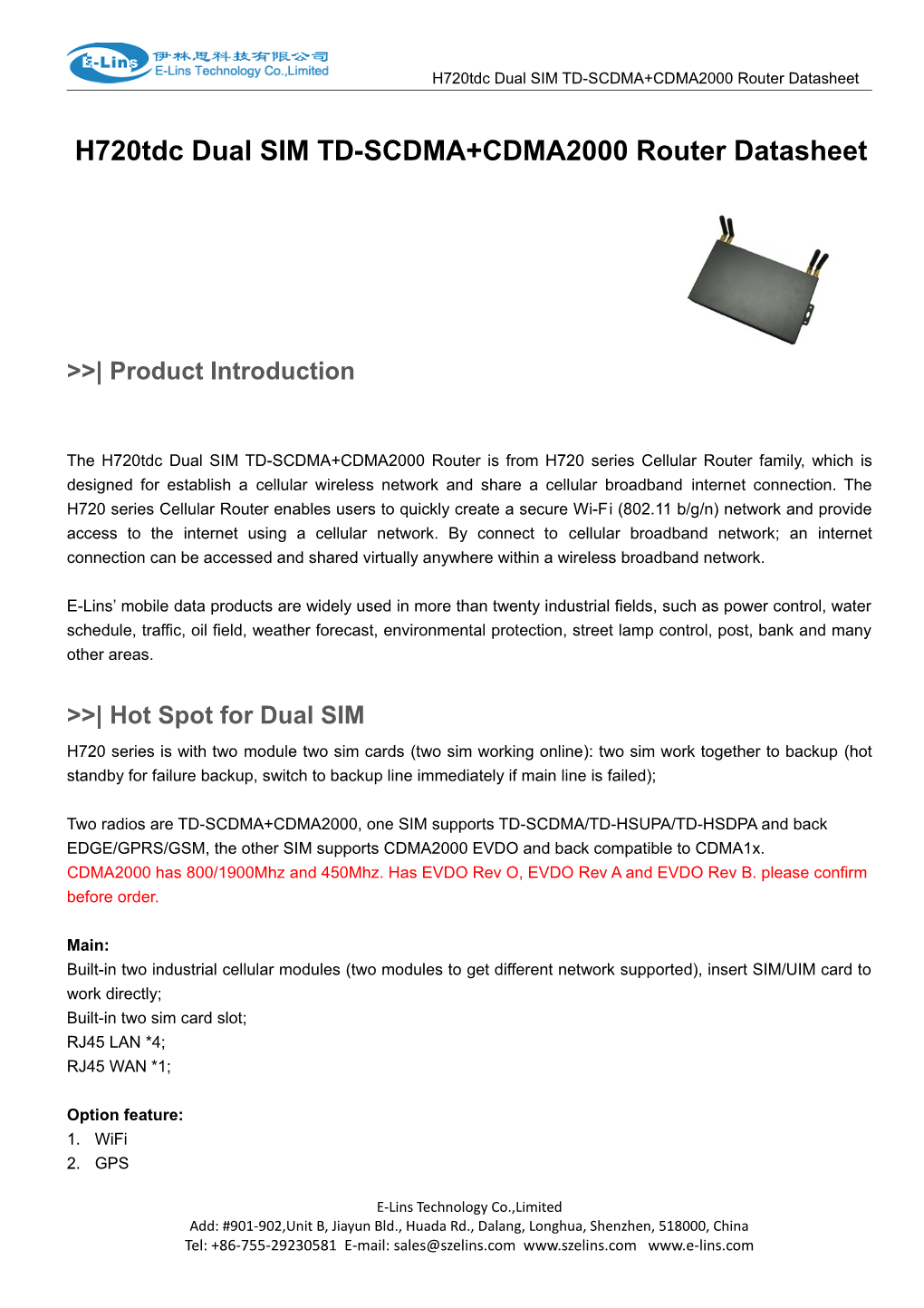 H720tdc Dual SIM TD-SCDMA+CDMA2000 Router Datasheet Spec