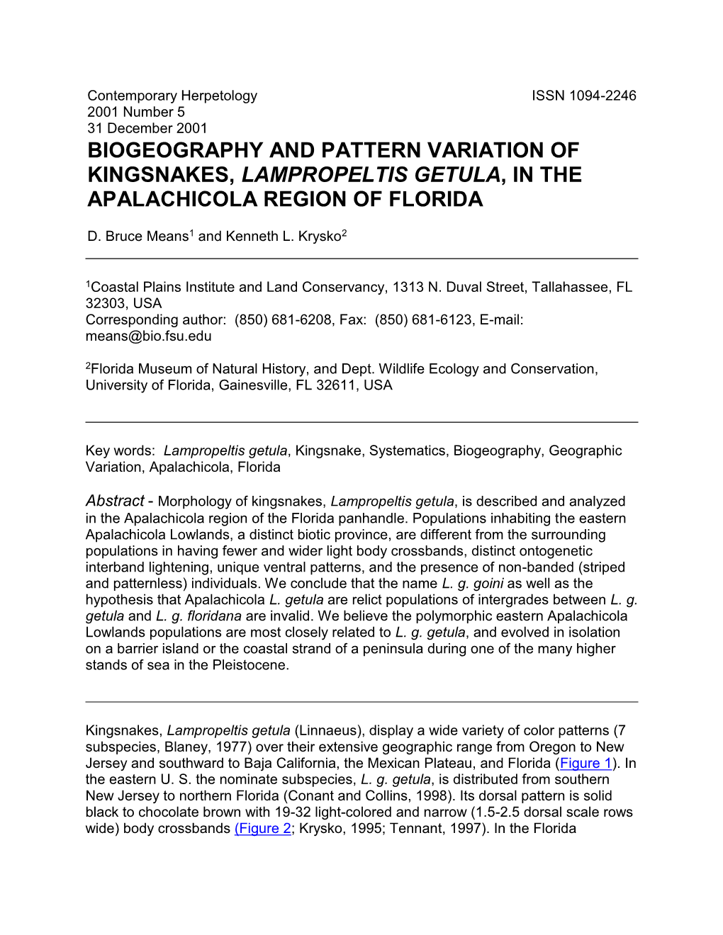 Biogeography and Pattern Variation of Kingsnakes, Lampropeltis Getula, in the Apalachicola Region of Florida