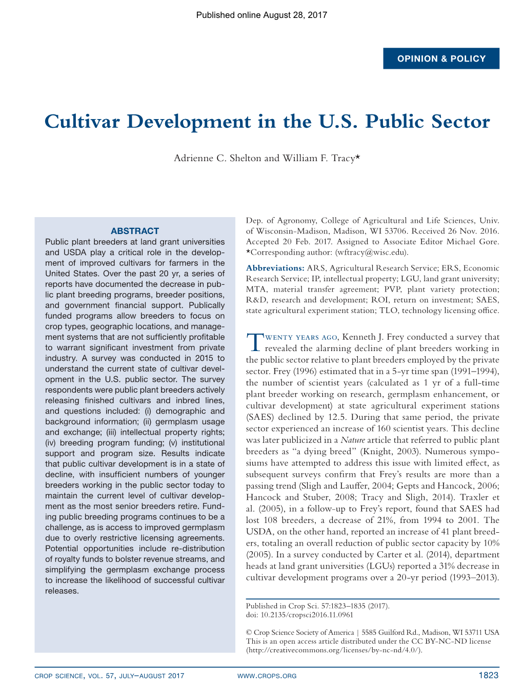 Cultivar Development in the U.S. Public Sector