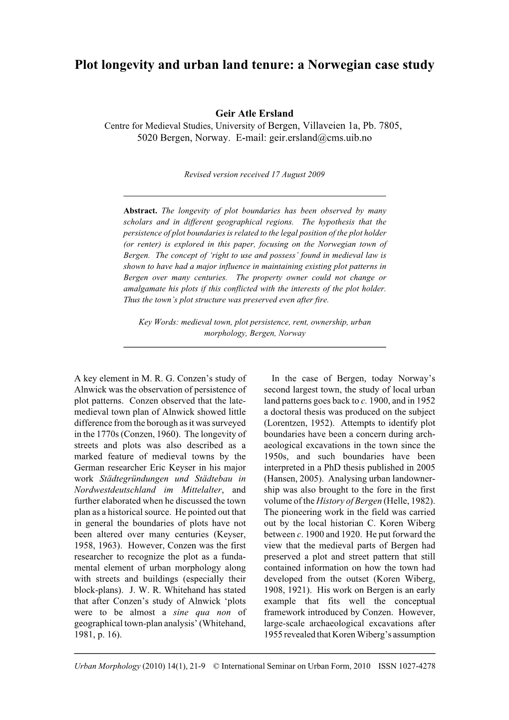 Plot Longevity and Urban Land Tenure: a Norwegian Case Study