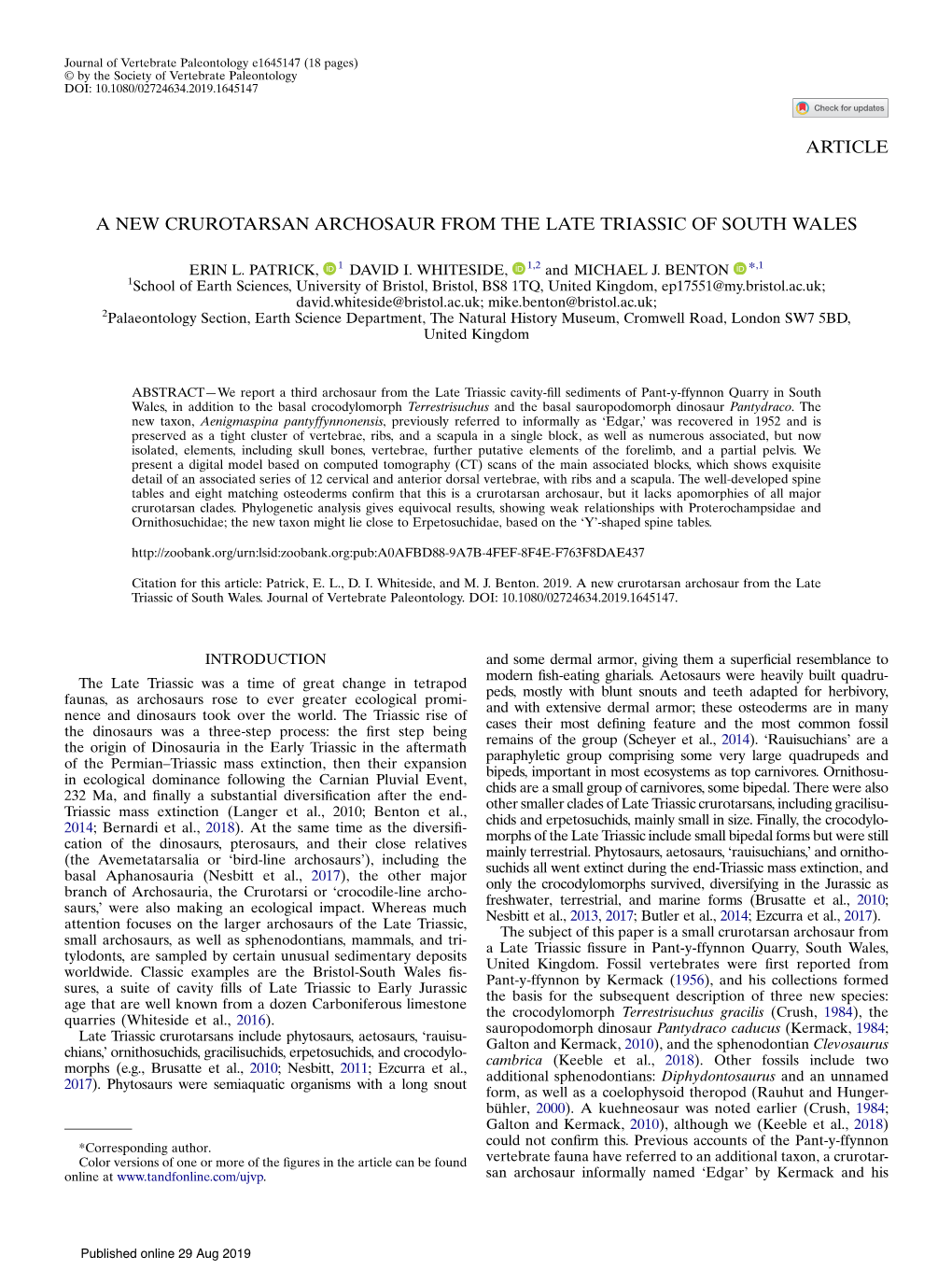 Article a New Crurotarsan Archosaur from the Late