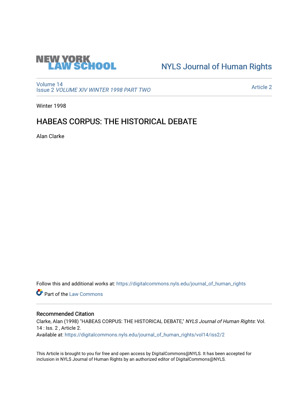 Habeas Corpus: the Historical Debate