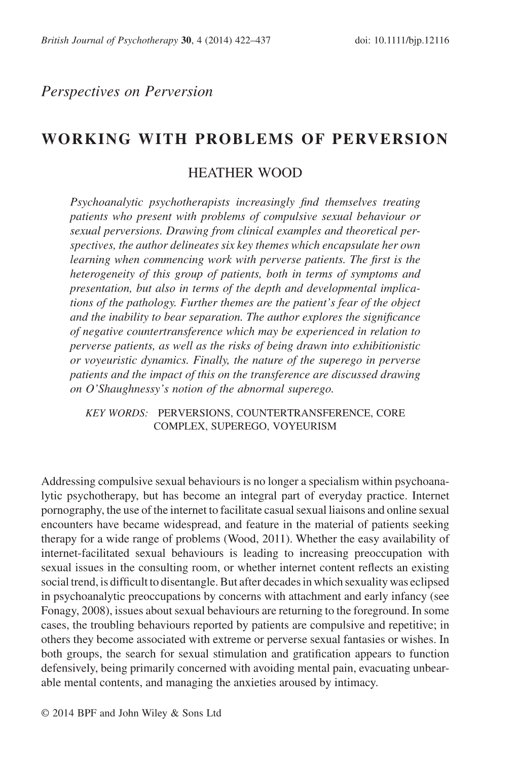 Working with Problems of Perversion. British Journal of Psychotherapy